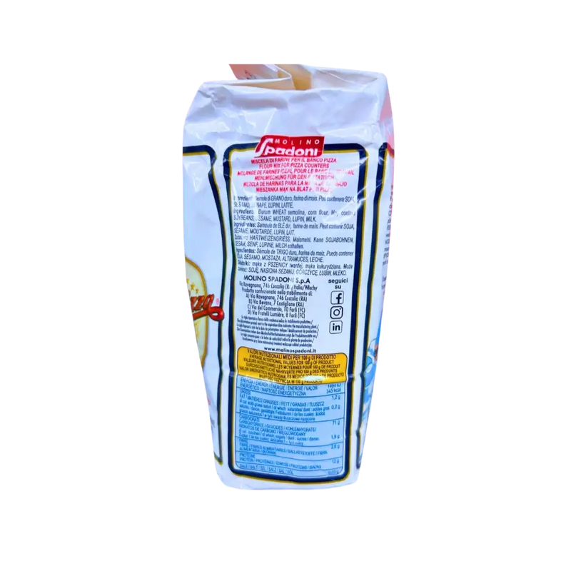 Côté nutritionnel du paquet de semoule fine à pizza Molino Spadoni 1kg, avec tableau des valeurs et liste des ingrédients.