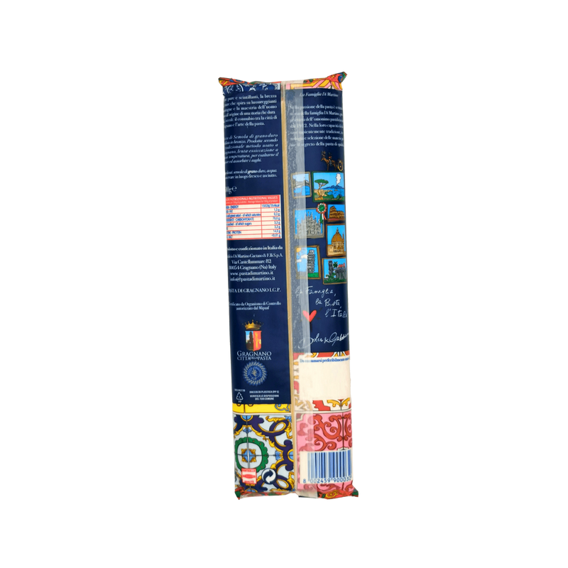 Dos du paquet de spaghettis Pastificio Di Martino 500g - Informations nutritionnelles et détails sur la certification IGP de Gragnano.