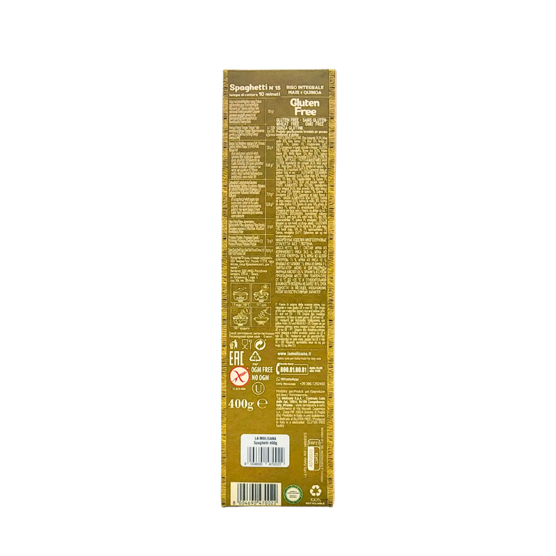 Informations nutritionnelles des spaghetti sans gluten La Molisana 400g - sans OGM, sans blé et emballé de manière éco-responsable.