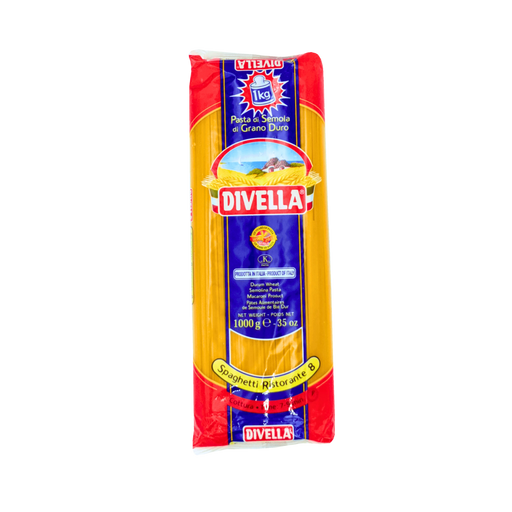 Paquet de spaghetti Ristorante N°8 Divella 1kg - Pâtes italiennes en semoule de blé dur, idéales pour des plats authentiques.