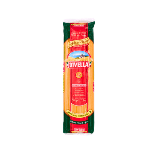 Paquet de spaghetti Ristorante N°8 Divella 500g - Pâtes italiennes de semoule de blé dur, tréfilées au bronze pour une texture optimale.