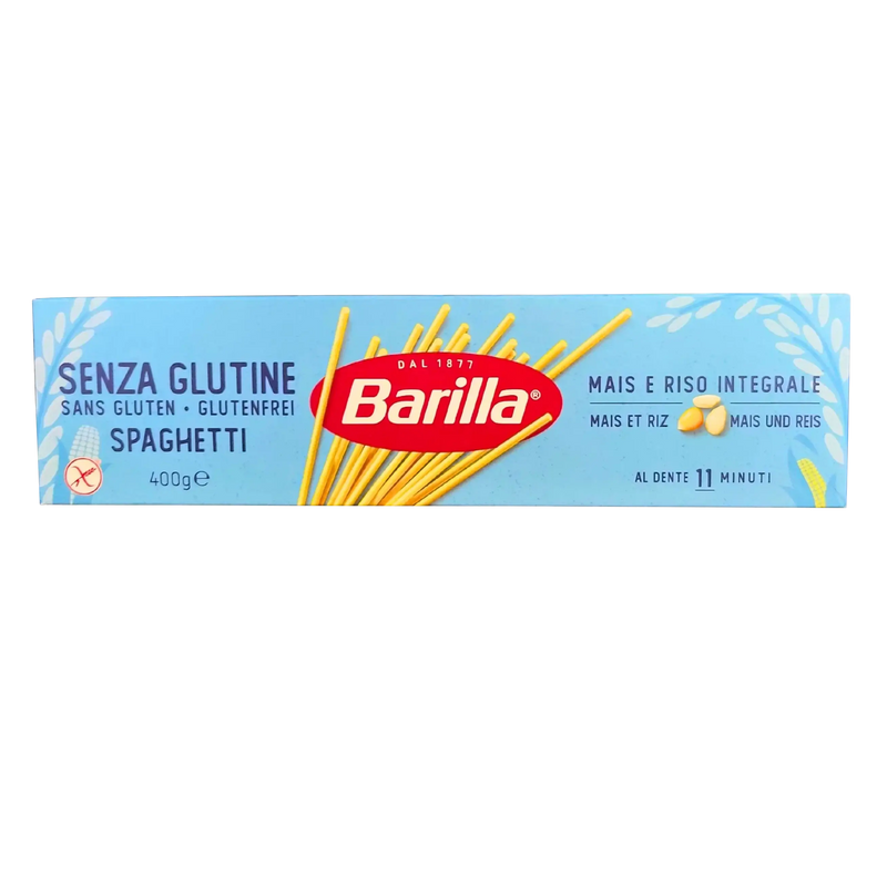 Paquet de spaghetti sans gluten au maïs Barilla 400g - Pâtes italiennes idéales pour les régimes sans gluten, à base de maïs et riz complet.