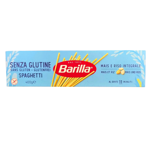 Paquet de spaghetti sans gluten au maïs Barilla 400g - Pâtes italiennes idéales pour les régimes sans gluten, à base de maïs et riz complet.