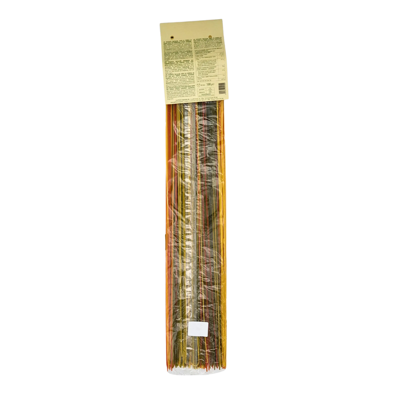 Dos du paquet de spaghetti tricolore Le Tre Donne - Pastificio Temporin - 500g, avec détails sur les ingrédients et les informations nutritionnelles.