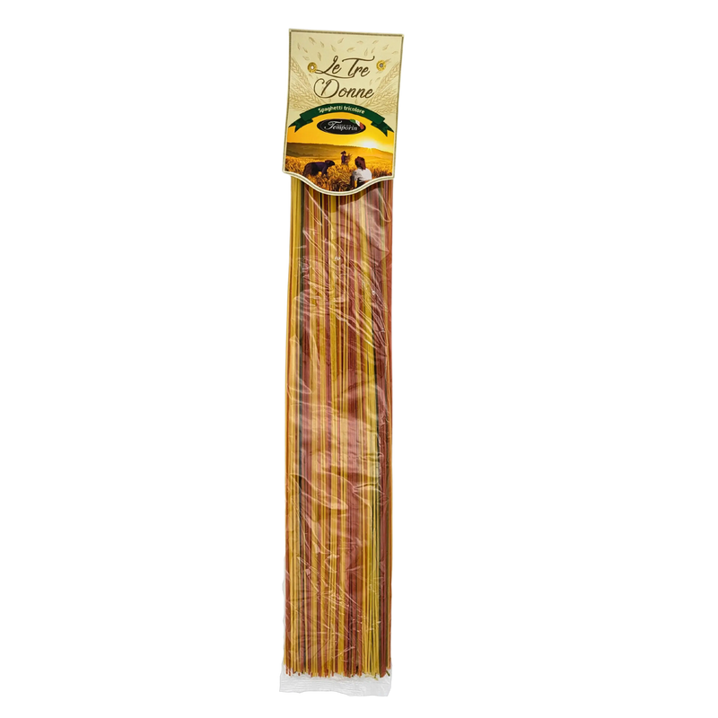 Paquet de spaghetti tricolore Le Tre Donne - Pastificio Temporin - 500g. Pâtes colorées italiennes à base d'ingrédients naturels.