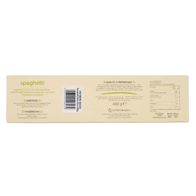 Glutenfreie Spaghetti-Vollkornnudeln Vivi Bene 400g, detaillierte Informationen auf der Rückseite der Packung