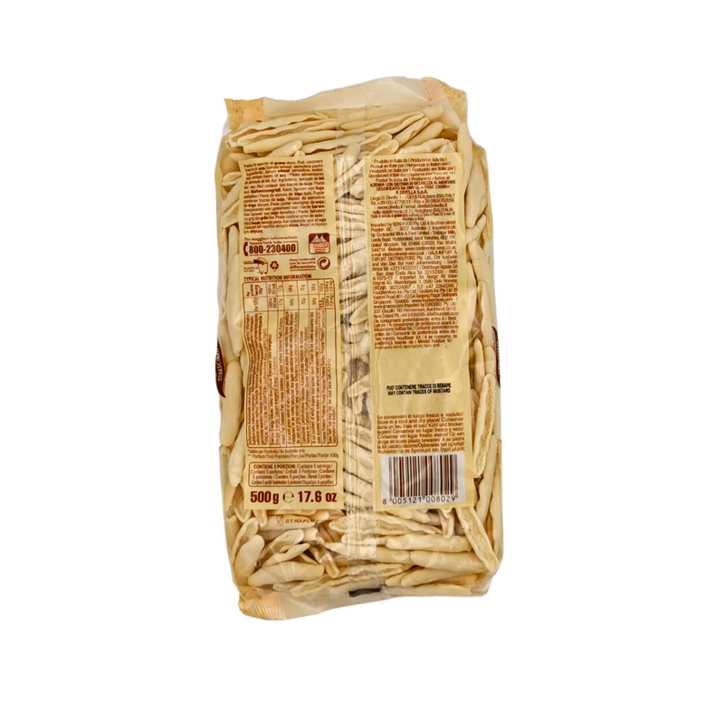 Dos du paquet de pâtes Strascinati Divella 500g - Informations nutritionnelles et détails de composition des pâtes italiennes.