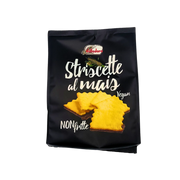 Face avant du paquet de Striscette al Mais 250g, snacks italiens non frits, vegan et sans huile de palme, à base de maïs.