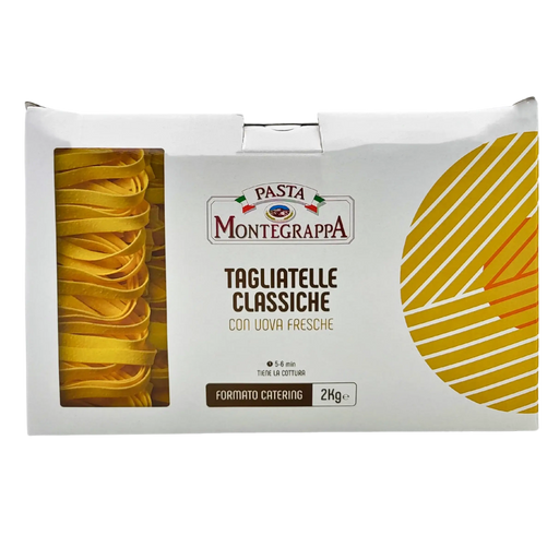 Geschlossene Schachtel mit klassischen Tagliatelle aus frischen Eiern Pasta Montegrappa 2 kg, mit schlichtem Design.