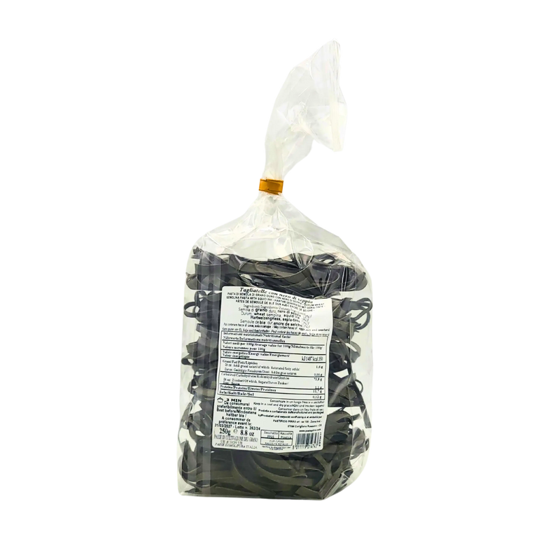 Tagliatelle à l'encre de seiche - Pasta di Semola de 250g - Face arrière incluant les informations nutritionnelles et la composition.