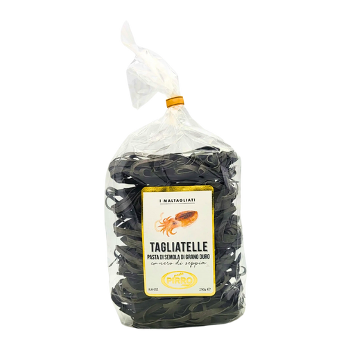 Tagliatelle à l'encre de seiche - Pasta di Semola de 250g - Face avant avec un emballage transparent, montrant des pâtes italiennes artisanales.