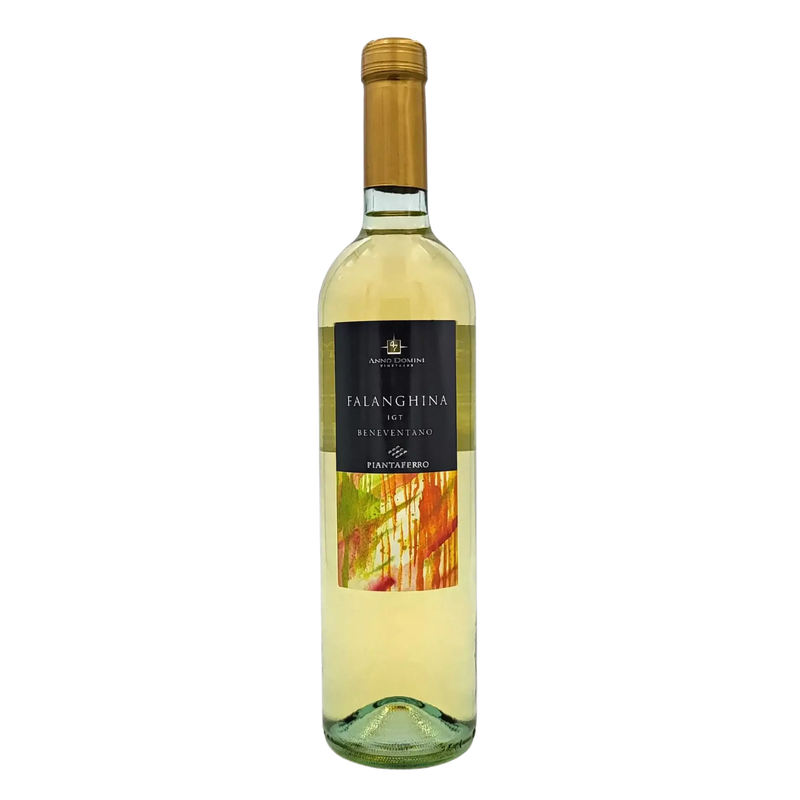 Bouteille de vin blanc Falanghina Beneventano IGT de Piantaferro, 75cl, avec étiquette colorée et couvercle doré.