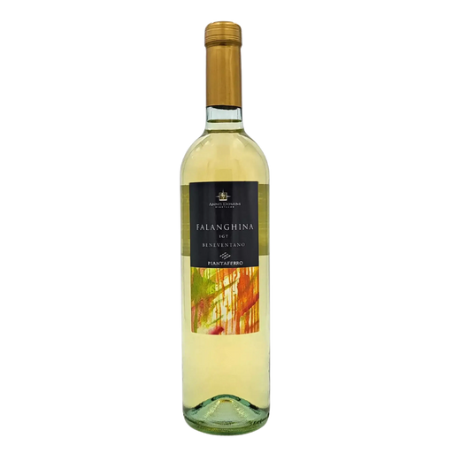 Bouteille de vin blanc Falanghina Beneventano IGT de Piantaferro, 75cl, avec étiquette colorée et couvercle doré.