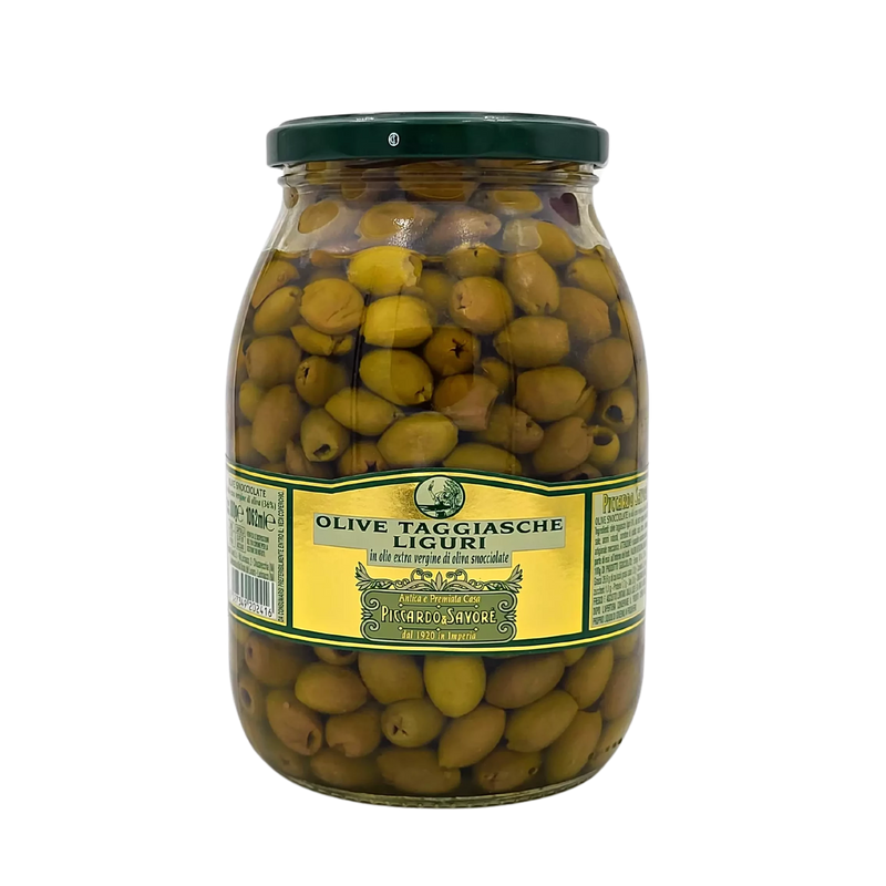 Olives Taggiasche Piccardo & Savoré en pot de 1kg, marinées en huile d'olive extra vierge, authentiques de Ligurie.