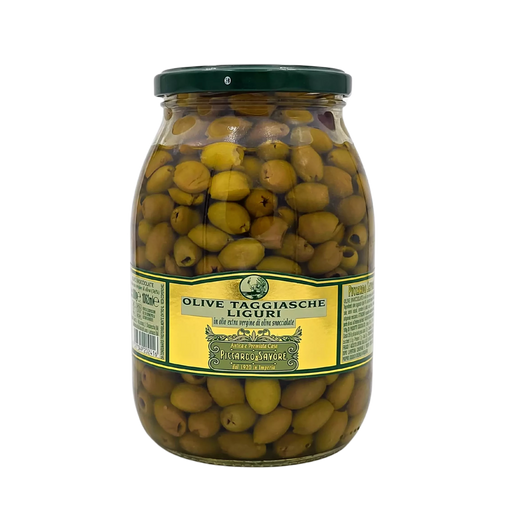 Olives Taggiasche Piccardo & Savoré en pot de 1kg, marinées en huile d'olive extra vierge, authentiques de Ligurie.