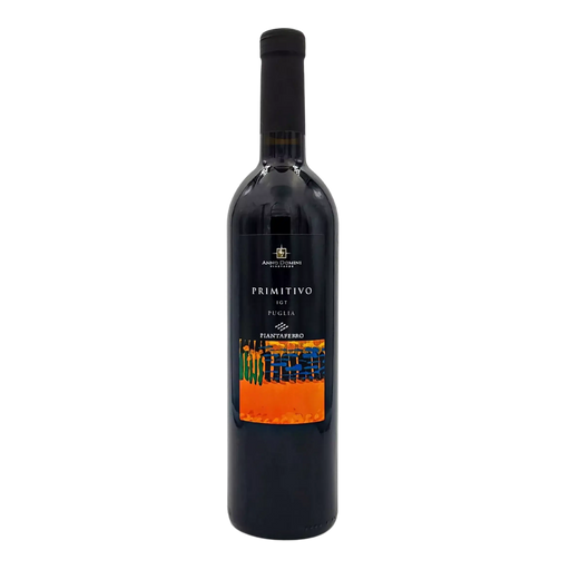 Bouteille de vin rouge Primitivo Puglia IGT Piantaferro de 75cl avec étiquette colorée.