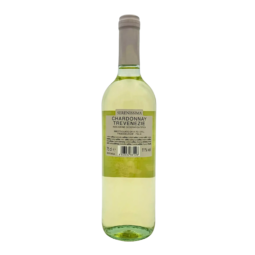 Flasche Chardonnay Trevenezie IGT Serenissima 75cl, italienischer Weißwein mit beschreibendem Etikett.