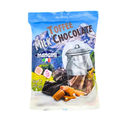 Image de l'avant du sachet de Toffee Milk Chocolate Mangini 150g avec illustration de bonbons au caramel enrobés de chocolat