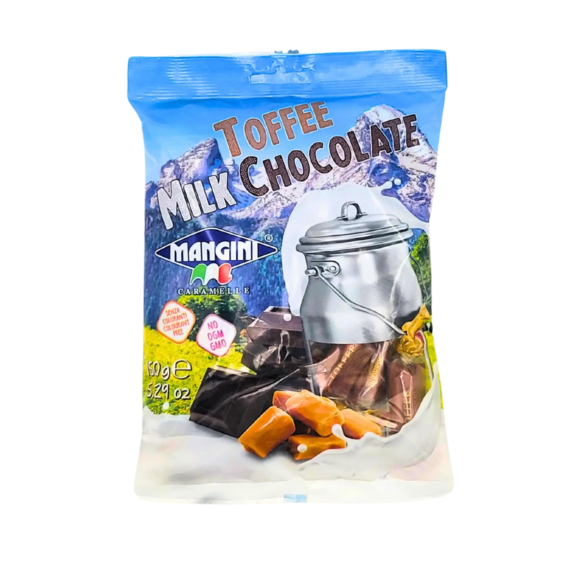Image de l'avant du sachet de Toffee Milk Chocolate Mangini 150g avec illustration de bonbons au caramel enrobés de chocolat