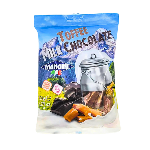 Image de l'avant du sachet de Toffee Milk Chocolate Mangini 150g avec illustration de bonbons au caramel enrobés de chocolat