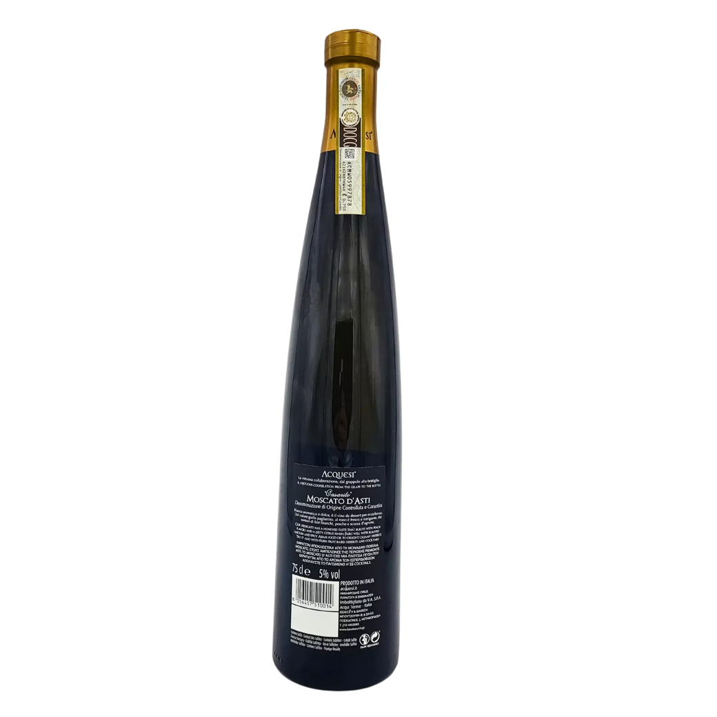 Rückseite der Flasche Moscato d'Asti Casarito Acquesi 75 cl, italienischer Schaumwein, der zarte Aromen von Blumen und Früchten offenbart.