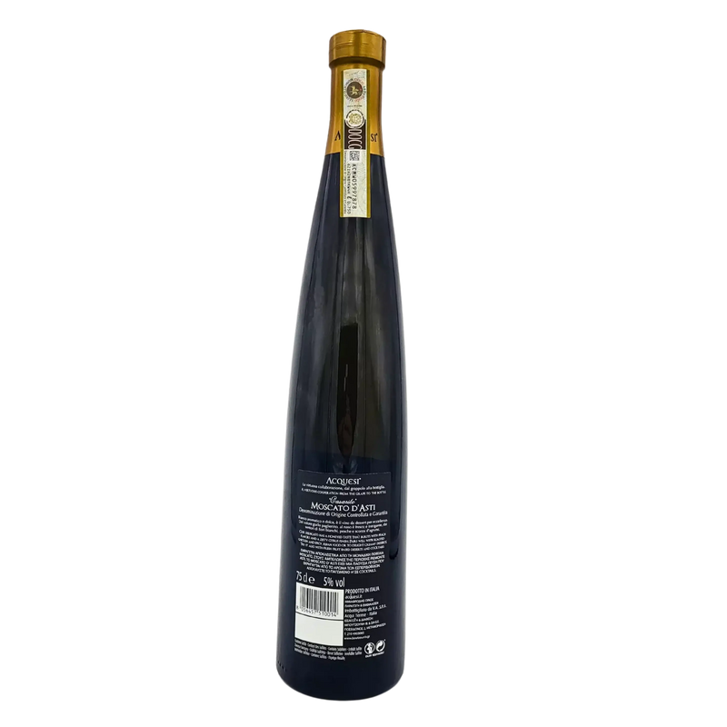 Bouteille de Vin Pétillant Moscato d'Asti Casarito Acquesi 75cl avec étiquette au dos.