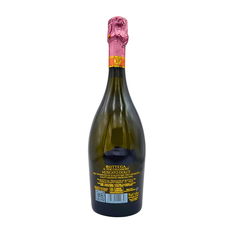 Bouteille de vin Bottega Moscato Dolcé 75cl, avec un opercule rose, pour les moments romantiques.