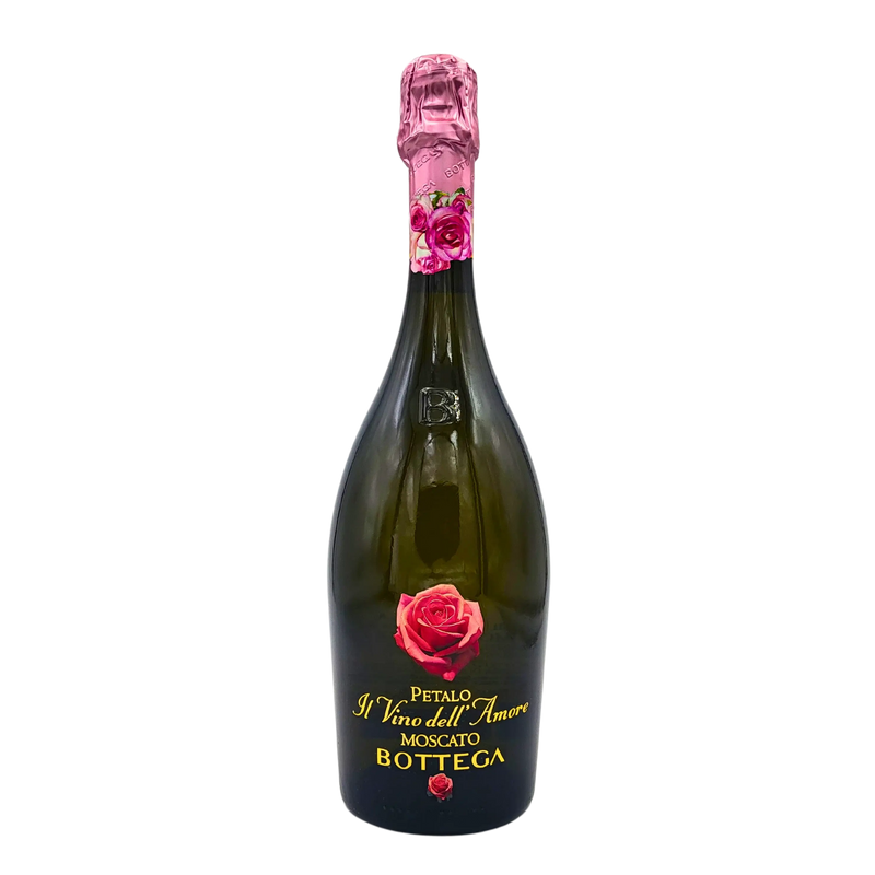 Bouteille de Bottega Petalo Il Vino dell'Amore Moscato 75cl, ornée d'une rose rose, pour les occasions romantiques.