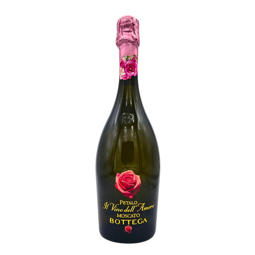 Bouteille de Bottega Petalo Il Vino dell'Amore Moscato 75cl, ornée d'une rose rose, pour les occasions romantiques.