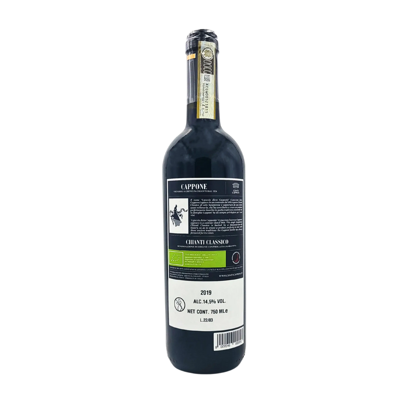 Bouteille de vin rouge Chianti Classico Cappone DOCG 2019, 75cl, arrière étiquette avec informations sur la production.