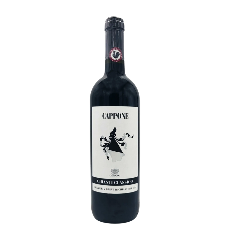 Bouteille de vin rouge Chianti Classico Cappone DOCG en 75cl, avec étiquette élégante et silhouette distinctive.