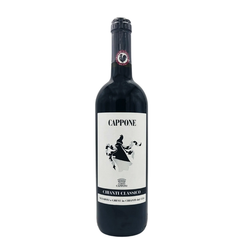 Bouteille de vin rouge Chianti Classico Cappone DOCG en 75cl, avec étiquette élégante et silhouette distinctive.
