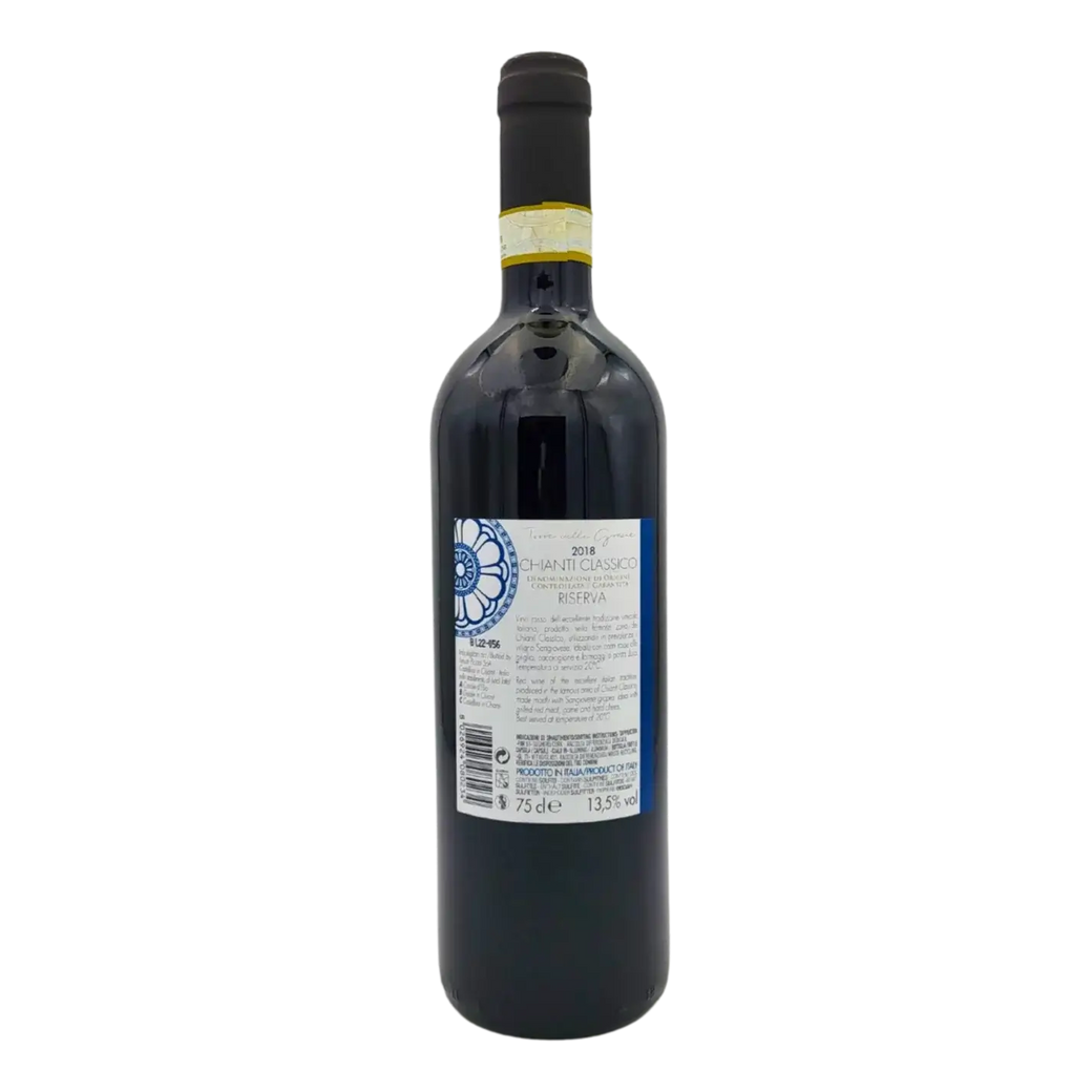Flasche Chianti Classico Riserva DOCG 2018, 75cl, mit detailliertem Etikett, weißem Hintergrund.