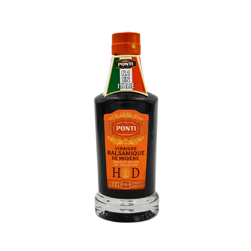 Vinaigre balsamique de Modène HD Ponti 250ml - vue avant avec étiquette orange et mention Haute Densité