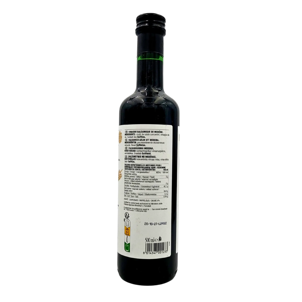 Rückseite der Flasche Balsamico-Essig I.G.P. Modena Carandini 500ml, die die Zutaten, die Nährwerttabelle und den Barcode anzeigt.