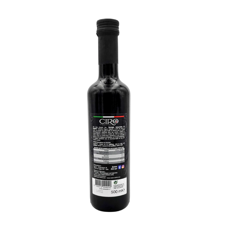 Étiquette arrière du vinaigre balsamique de Modène IGP Ciro 500ml - informations nutritionnelles et certification IGP