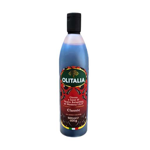 Bouteille de vinaigre balsamique Olitalia Classic 500ml - Face avant avec étiquette rouge et logo