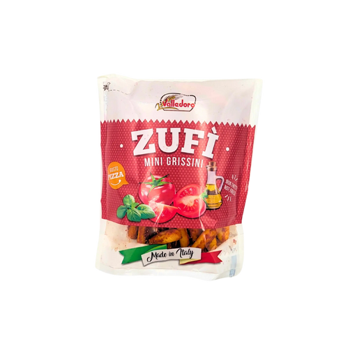 Snack Zufì Mini Grissini goût pizza, Valledoro, 100g, spécialité italienne à base de tomate, basilic et huile d’olive.