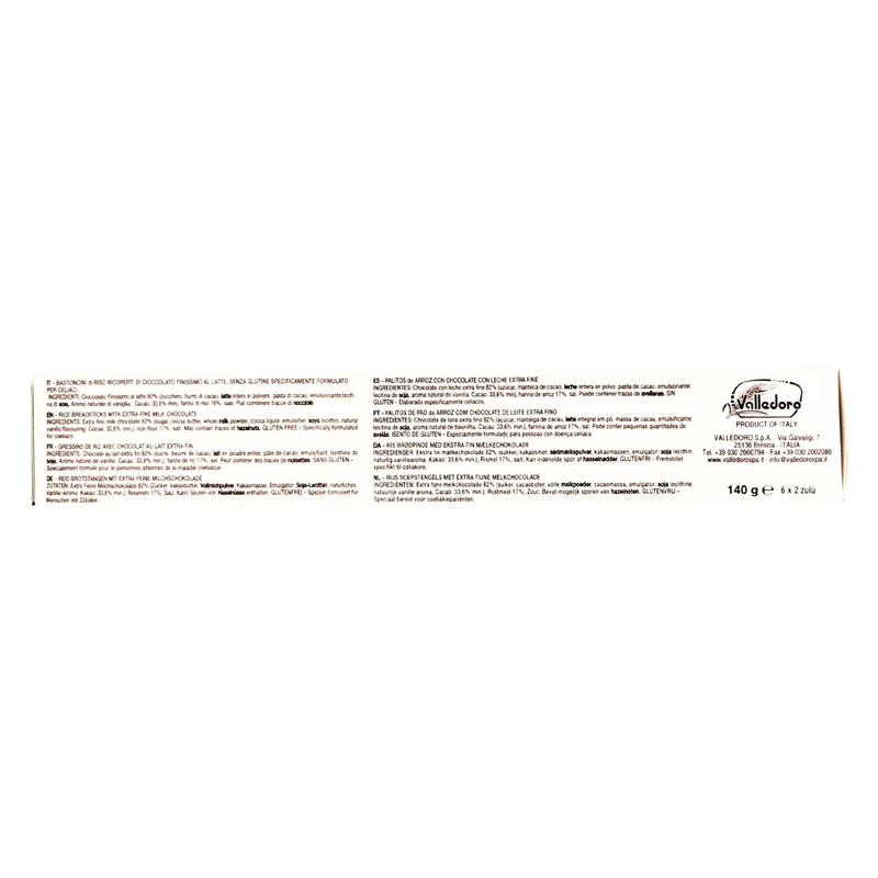 Liste des ingrédients et détails de composition des bâtonnets de riz Zulu au chocolat au lait, sans gluten.