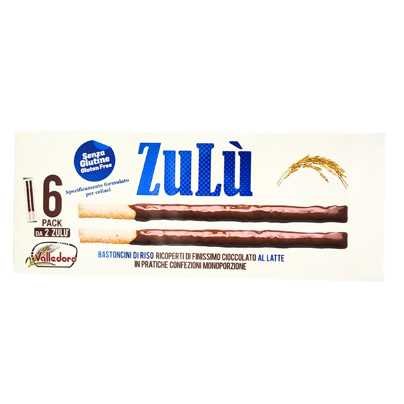 Emballage des Zulu, bâtonnets de riz croquants enrobés de chocolat au lait, sans gluten, en pack de 6 portions pratiques, 140g