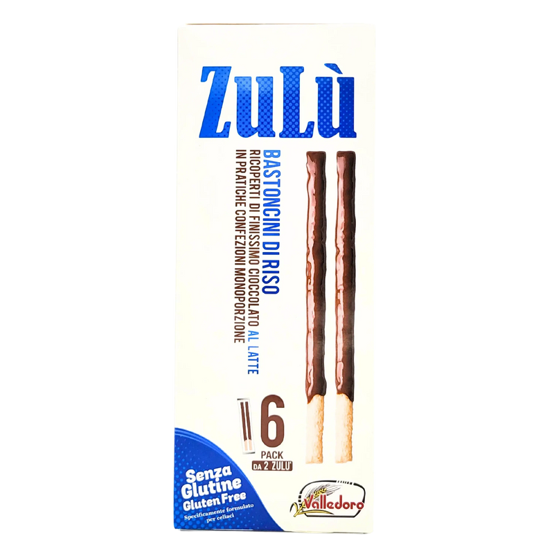 Vue avant de la boîte Zulu, bâtonnets de riz enrobés de chocolat au lait, sans gluten, en format 140g
