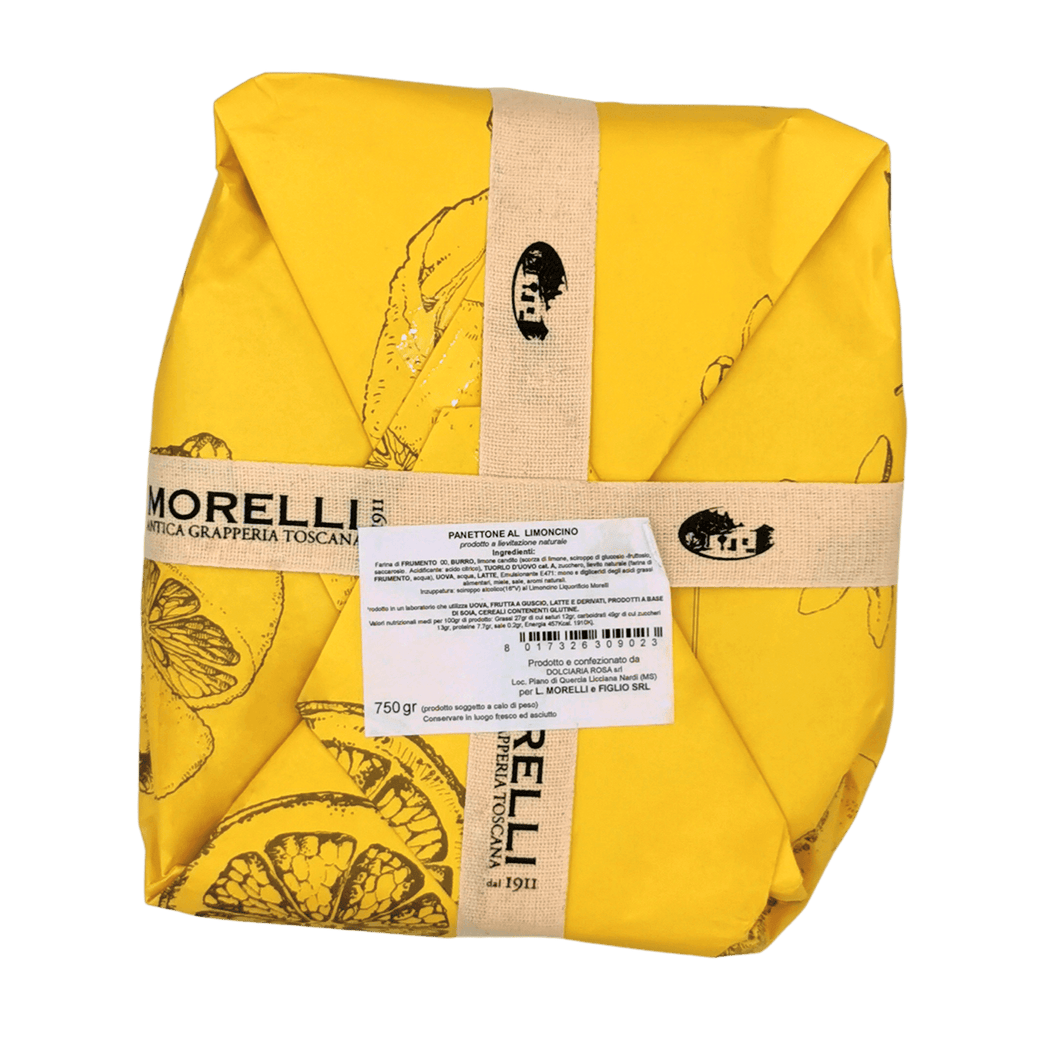 Artisanal Panettone mit Limoncello aus der Toskana Morelli 750 g, verpackt in einer gelben Verpackung, die die Aromen der sizilianischen Zitrone betont.