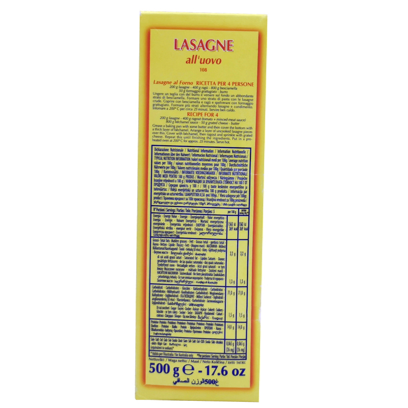 Lasagne aux oeufs Divella 500g - Instructions de cuisson et informations nutritionnelles - Pates italiennes pretes pour four