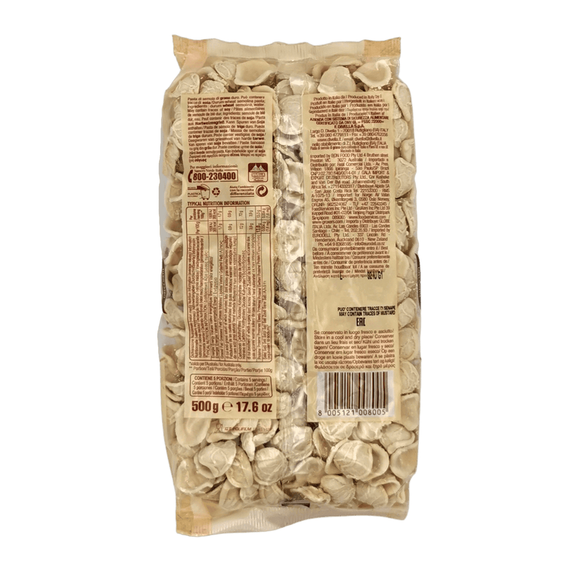 Orecchiette Divella im Detail - Rückansicht der 500g-Packung