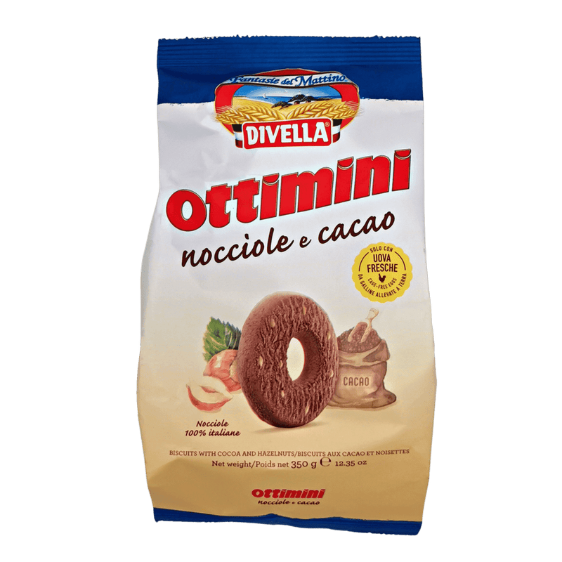 Verpackung der Ottimini Divella 350 g Haselnuss-Schokoladenkekse mit Haselnuss- und Kakaogeschmack.