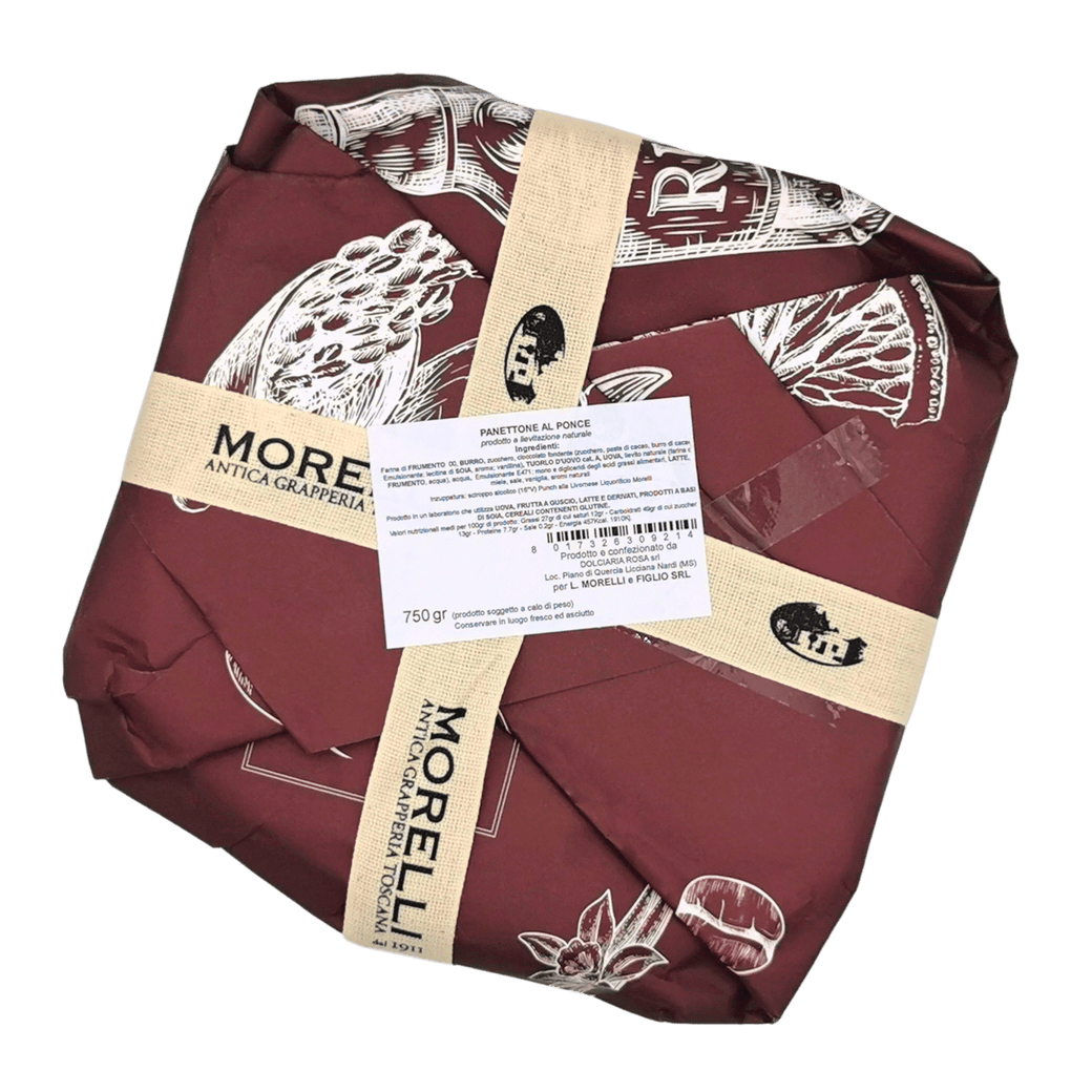 Panettone mit Zartbitter-Schokolade Punch Livournais 750 g, verpackt in bordeauxfarbenem Papier mit Schleife, das hervorhebt