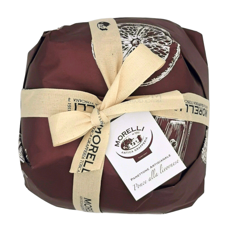 Panettone au chocolat noir Punch Livournais 750 g – Tradition Toscane, dans un emballage artisanal avec ruban.