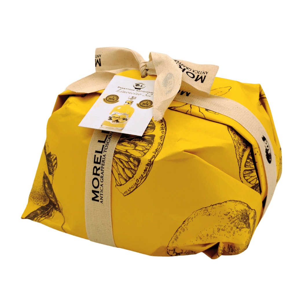 Panettone mit Limoncello, verpackt in einer gelben Morelli-Verpackung, die das italienische Handwerk mit sizilianischer Zitrone und toskanischen Zutaten hervorhebt.