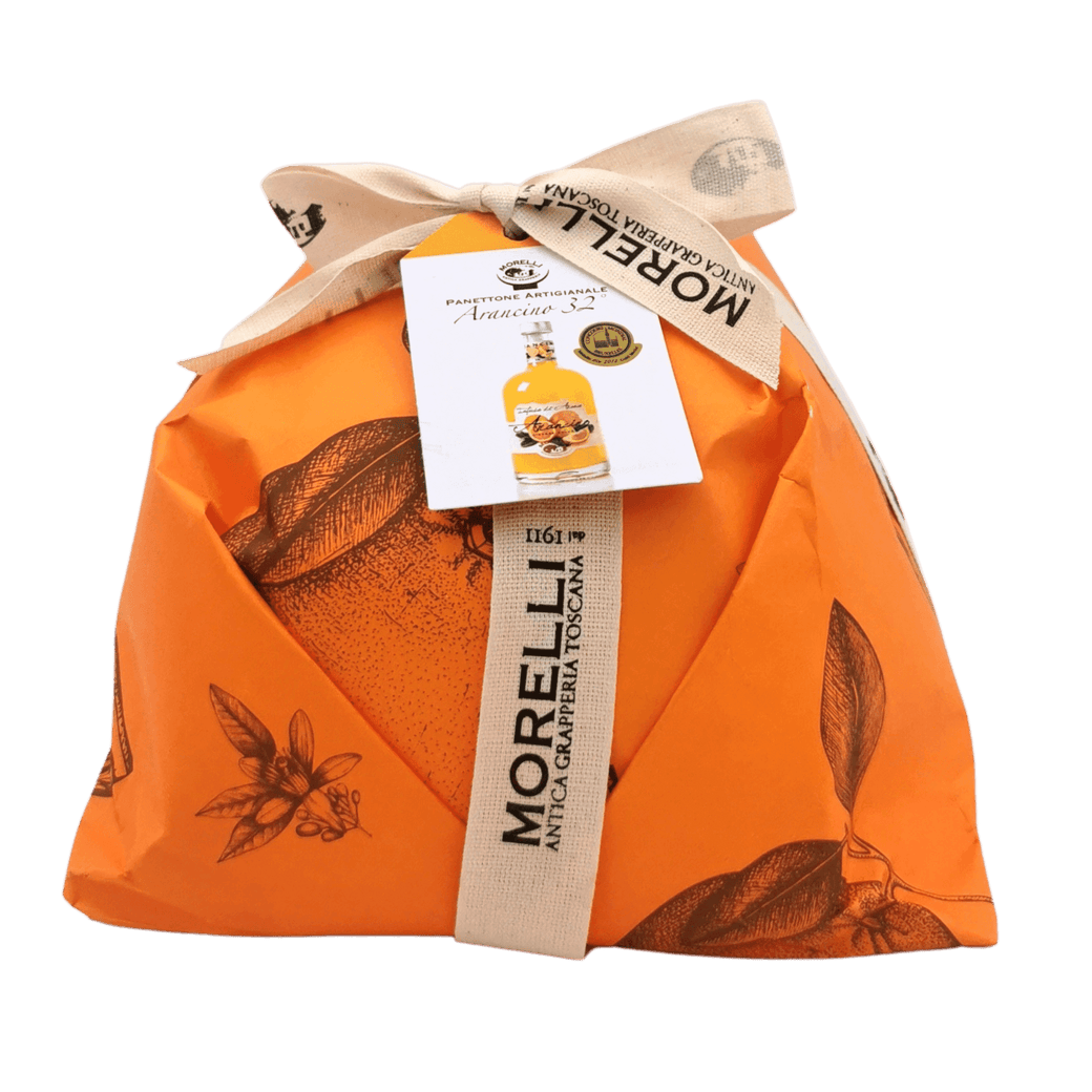 Handwerklich hergestellter Panettone verpackt in einer orangefarbenen Verpackung, mit dem Likör Arancino 32° von Morelli, einschließlich des Hauptschlüsselworts: Panettone Likör.
