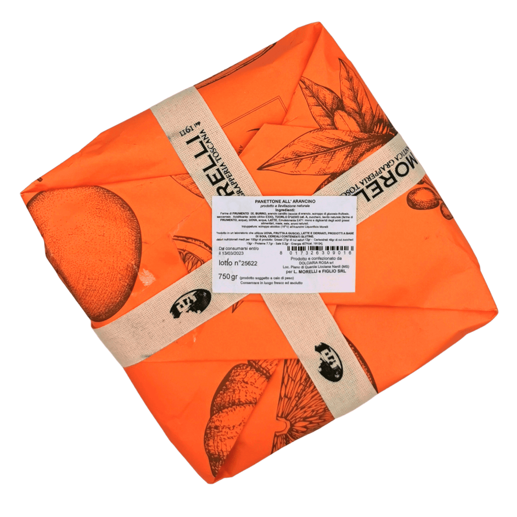 Handwerklich hergestellter Panettone mit dem Likör Arancino 32° und Orangenlikör von Morelli, orange Verpackung, 750 g – köstliches italienisches Produkt.